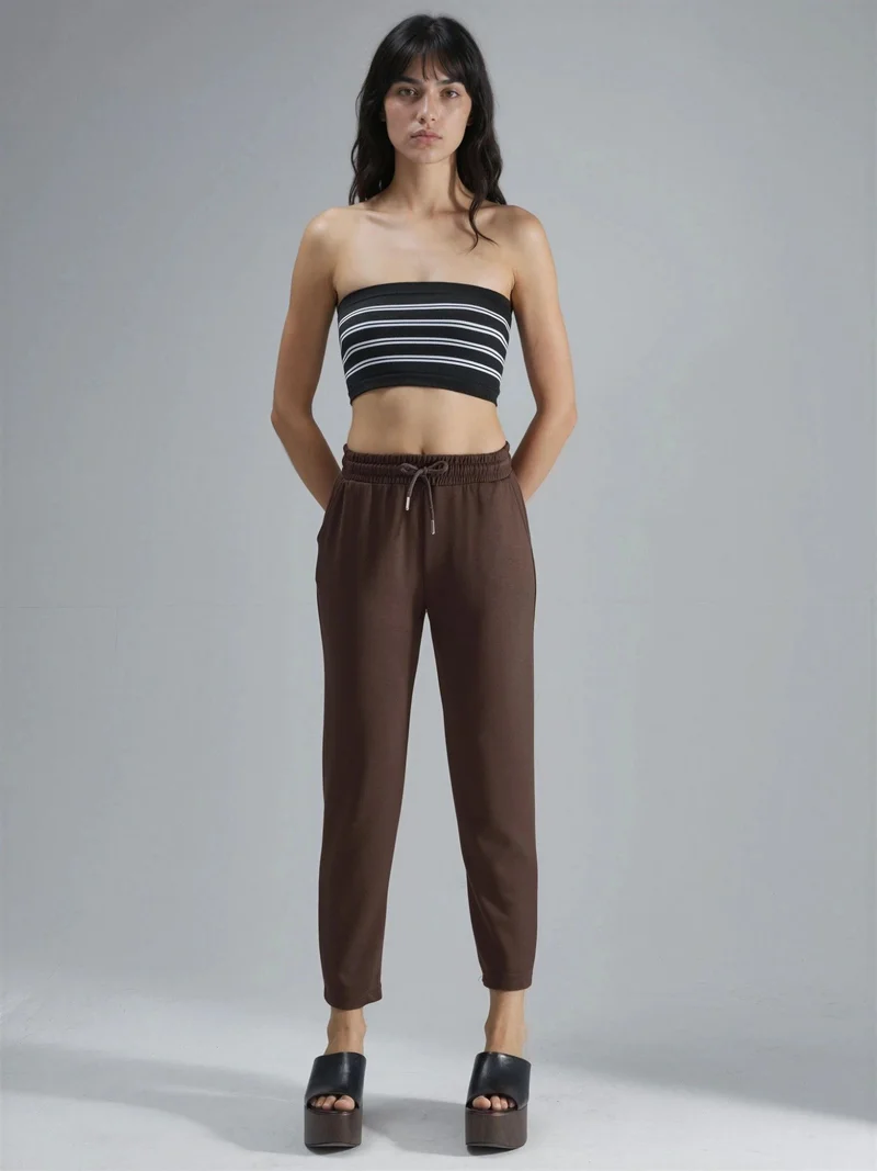 HICCUP Coffee Brown Modal Touch Elastic Waist Carrot Fit Jogger Pants Bersan Collection for Women | Best Price UAE